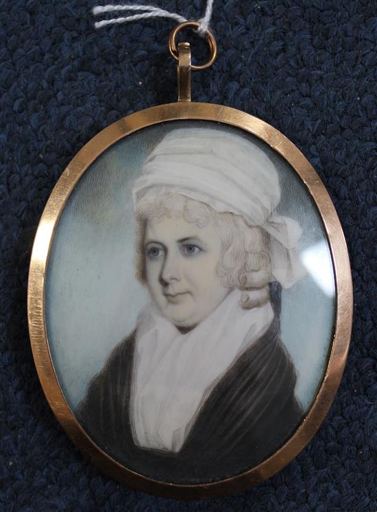 Attributed to John Barry (fl.1784-1827) Miniature of a lady wearing a white bonnet, 2.5 x 2in.